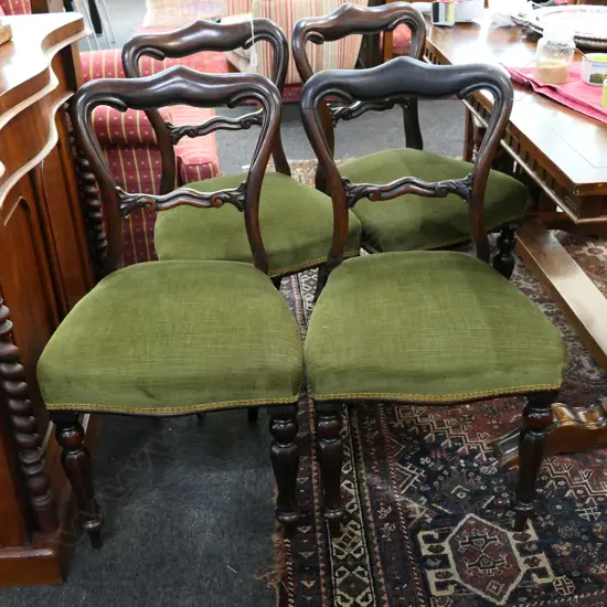 4 VICTORIAN ROSEWOOD BALLOON BACK CHAIRS, GREEN VELVET UPHOLSTERY