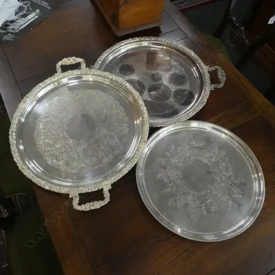 3 LG SILVER PLATE TRAYS - DIA 510MM (2 WITH HANDLES) ALL HAVE ENGRAVING