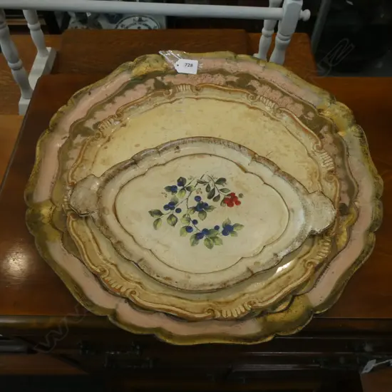 3 ASST WOODEN PAINTED FOLK ART TRAYS - LARGEST DIA 435MM