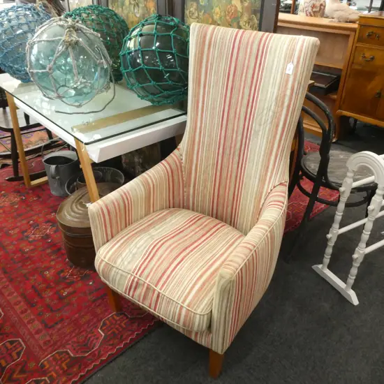 HIGH BACKED CHAIR - ORANGE / WHITE & TAN STRIPE - WOODEN LEGS 