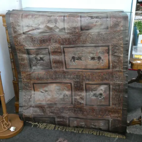 LG LEATHER TOOLED WALL ART - WROUGHT IRON TOP & BASE H. 1600 W. 1200MM