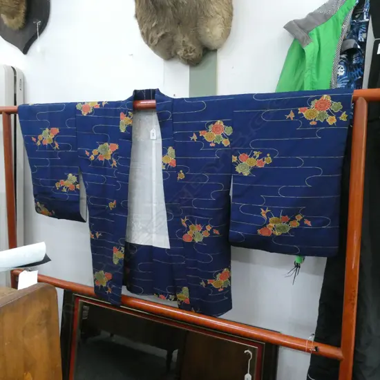 HAORI (SHORT) KIMONO - DARK BLUE SILK WITH ORANGE / GREEN / TAN FLOWER PRINT