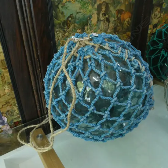 OLD GLASS LARGE FISHING FLOAT BLUE NETTING Dia.380mm