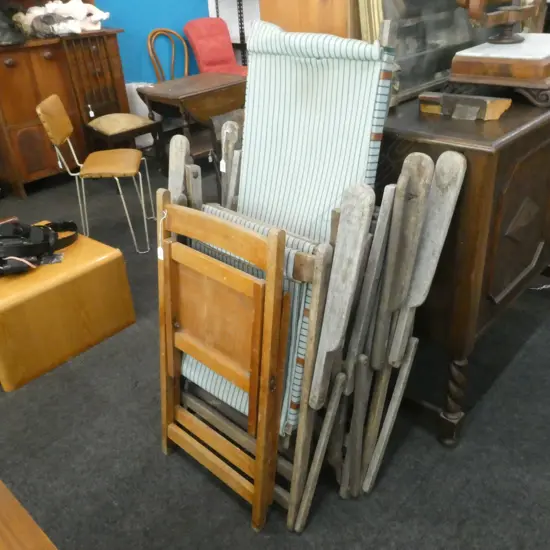 OLD WOODEN FOLDING CHAIR & 3 DECK CHAIRS WITH CANVAS SEAT & BACK