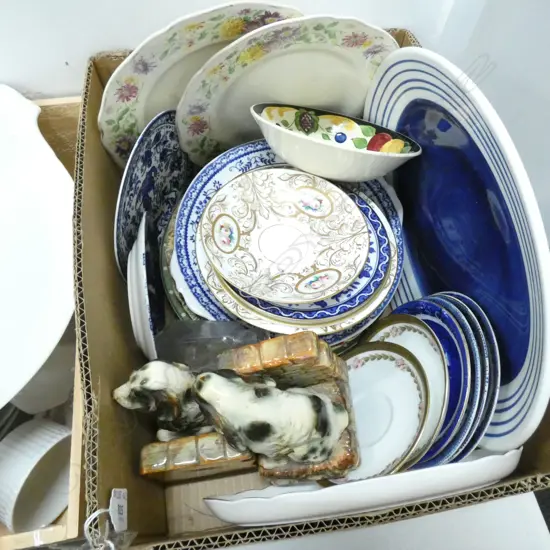 BOX LOT ASST CHINA INCL DOG BOOK ENDS 