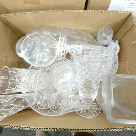 BOX LOT GLASSWARE INC. DESSERT SET / VASES ETC.