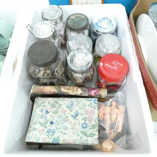 LG BOX JARS BUTTONS / WOODEN PEGS / SEWING ITEMS ETC..