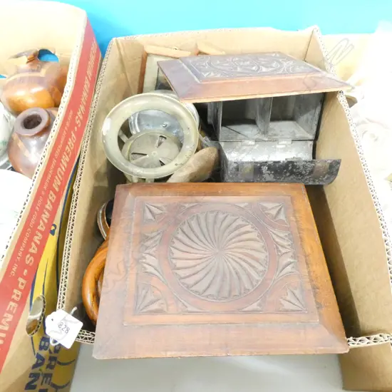 BOX COPPER PANS & WOODEN ITEMS ETC.