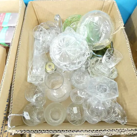 BOX LOT ASST GLASSS INC GREEN DEPRESSION, SM STEMWARE & SALTS 