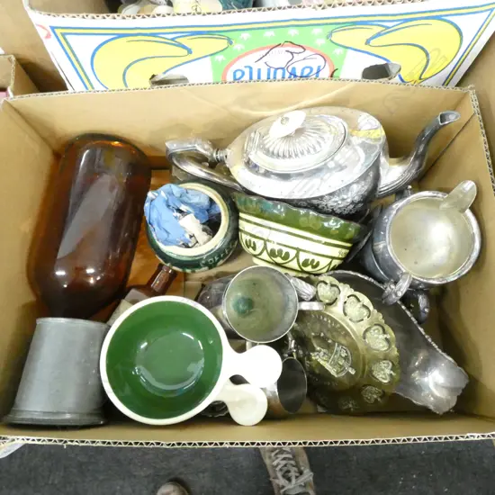 BOX LOT MISC. INCL SILVER PLATE TEAPOT / POTTERY / AMBER GLASS BOTTLES 
