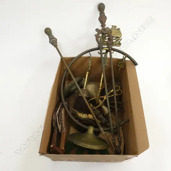 BOX LOT ASST. BRASS; FIRE TOOLS ETC