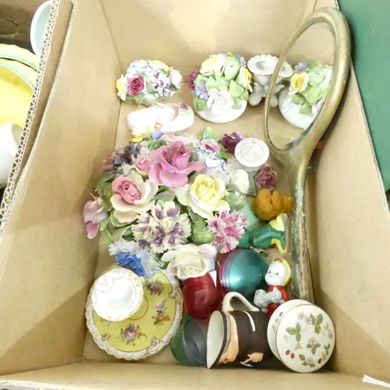 GOOD BOX LOT PORCELAIN FLOWER ITEMS INCL MIRROR ETC...