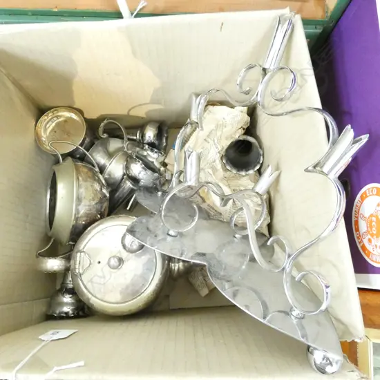 CHROME EPERGNE AND BOX OF SILVER PLATE