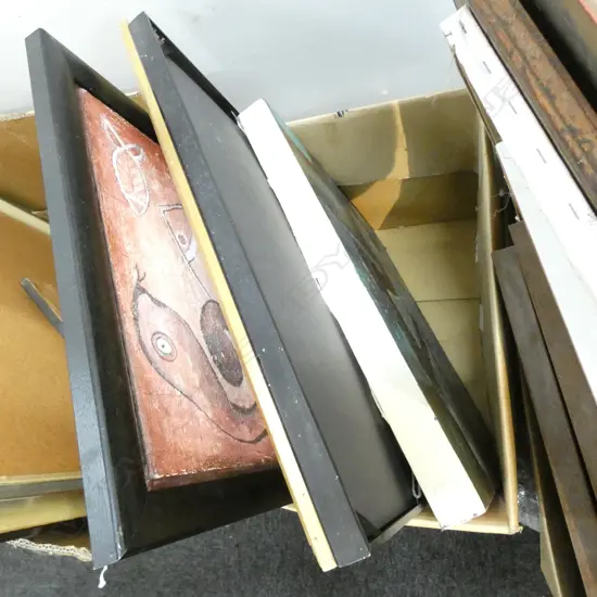 BOX LOT ASST. ARTWORKS, MIRROR ETC