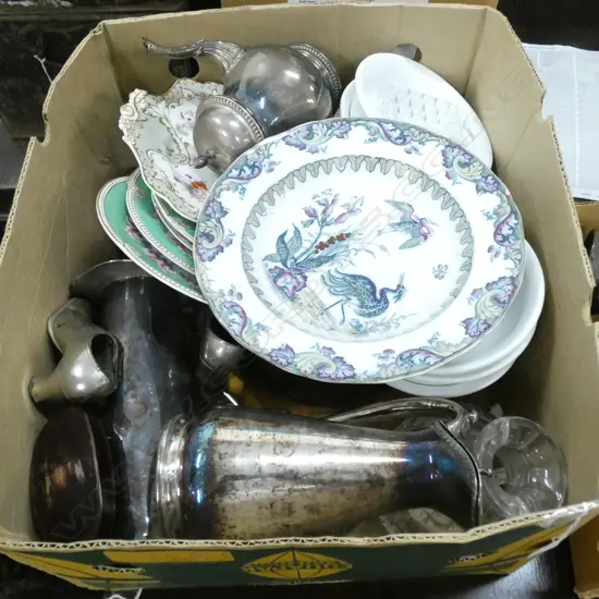 LG BOX LOT MISC SILVER PLATE / PORCELAIN / POTTERY ETC.