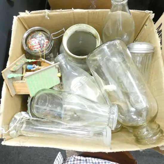 BOX LOT MISC INC. CROCKS / BOTTLES ETC.