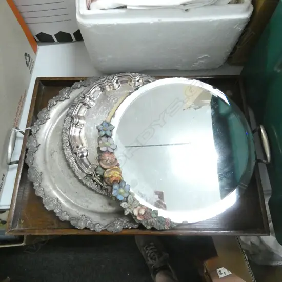 OAK TRAY (510 X 360MM) 2 SILVER PLATE TRAYS & ROUND WALL MIRROR 