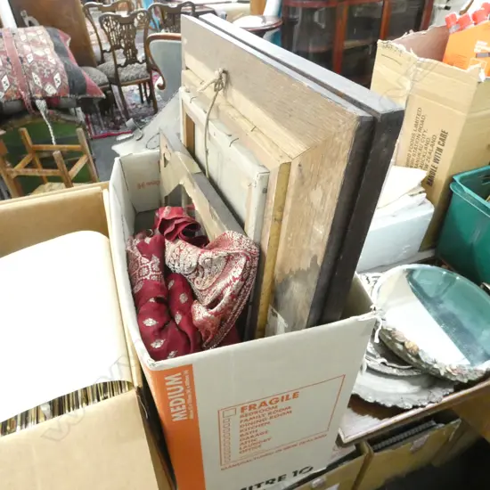 BOX LOT ASST. VINTAGE ARTWORKS; OILS & W/C, SARI, FRAME