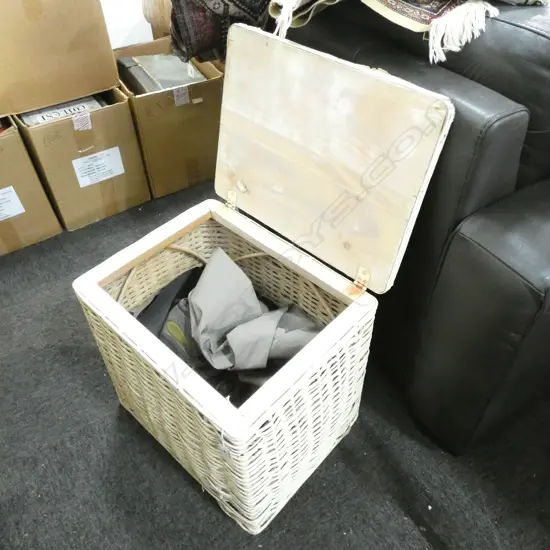 WHITE WICKER  BASKET WITH WADERS & BOOTS ETC..