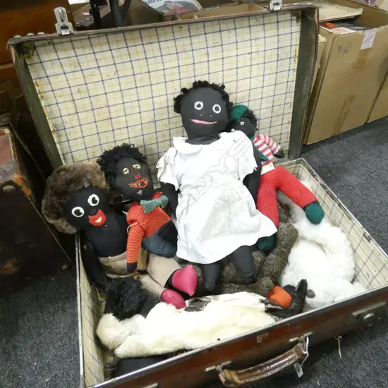 LG LEATHER SUITCASE OF GOLLIES & BEARS ETC.