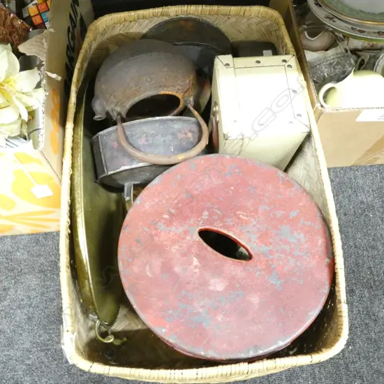 LARGE CANE BASKET MISC INC. OLD KETTLES / TINS ETC..