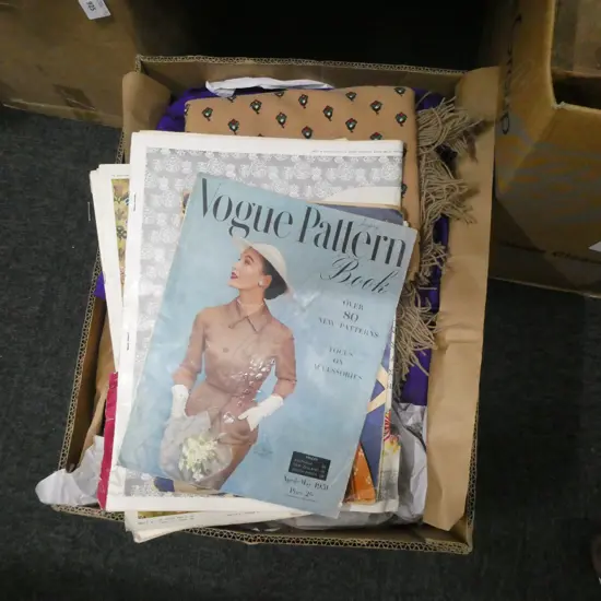 BOX LOT FABRIC / PATTERN BOOKS  ETC.