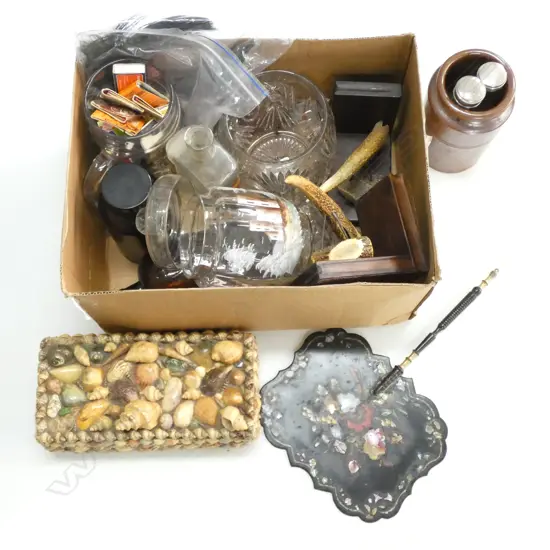 BOX LOT BOTTLES, FAN, SHELL BOX, GLASSWARE ETC