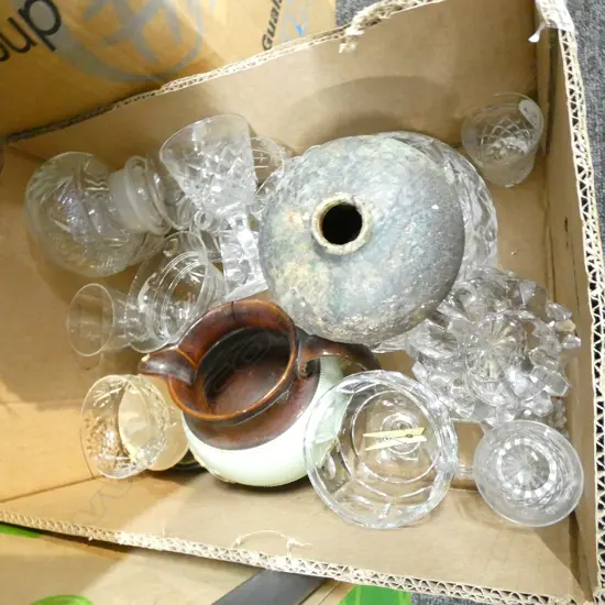 BOX LOT MISC POTTERY & GLASSWARE ETC.