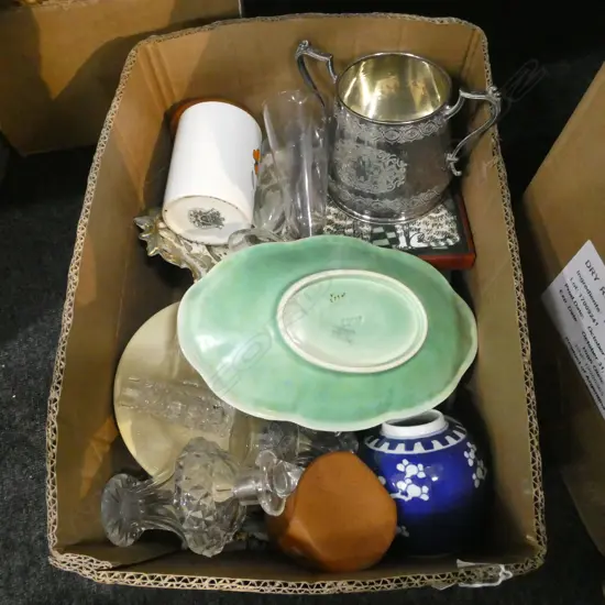 BOX LOT ASST CHINA / SILVER PLATE ETC.