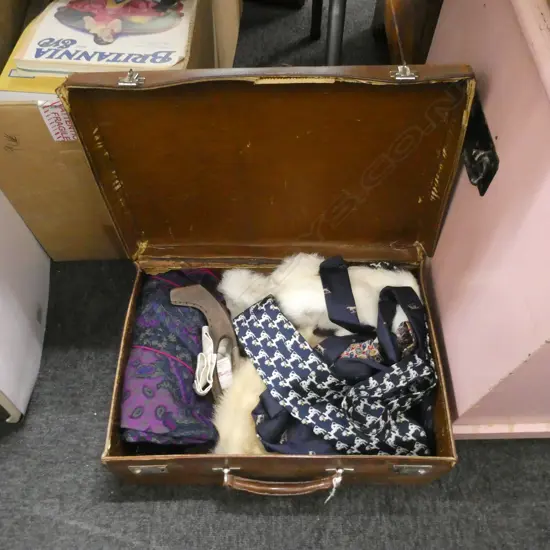 OLD SUITCASE PLUS CONTENTS INCL. TIES / FUR HAT/ GLOVES  ETC..