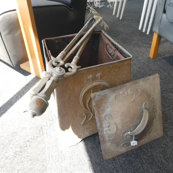 ARTS & CRAFTS COPPER FIRE BOX & 2 TOOLS