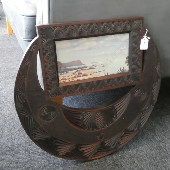 TRAMP ART FRAME (carved) w. OIL LANDSCAPE DATED 1902 460mm x 430mm overall