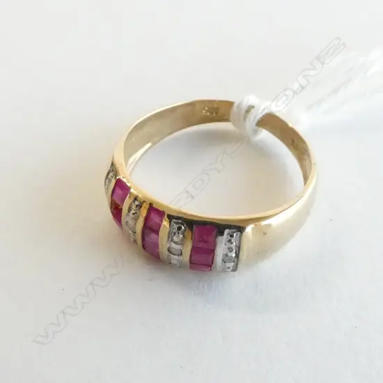 9CT GOLD RUBY & DIAMOND RING. 1 RUBY MISSING