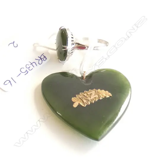 2 GREENSTONE PCES; RING & HEART PENDANT (W 40MM) WITH NZ SILVER FERN