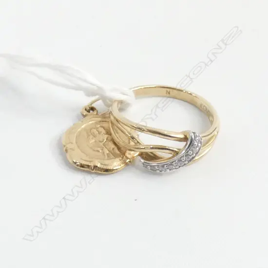 9CT GOLD & DIAMOND RING + 9CT ST CHRISTOPHER PENDANT 3.3 GRAMS