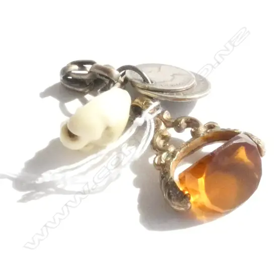 (18294) ANTIQUE GILT FOB SWIVEL COINS + SHELL