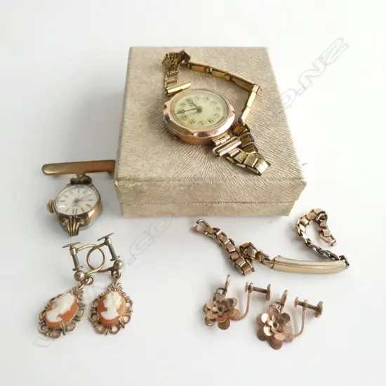 9CT GOLD: LADIES WATCHES; 1 BROOCH & 1 BRACELET / 2 PR SCREW IN EARRINGS; 1 CAMEO & BRACELET (A/F)