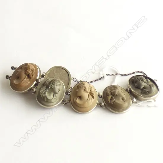 19thC LAVA CAMEO BRACELET  - 7 CAMEOS SET IN SILVER PLATE
