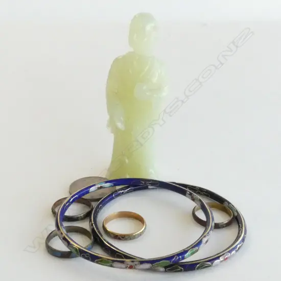 BAG 2 CLOISONNE BANGLES 3 RINGS JADE FIGURE A.F ETC