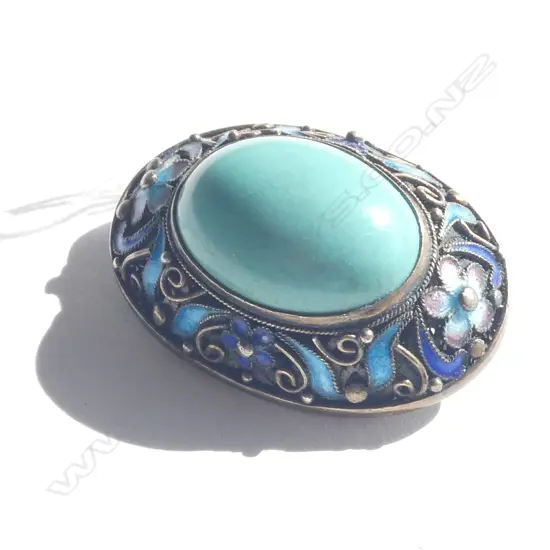 (19438) VINTAGE SILVER ENAMEL & BLUE STONE BROOCH FILIGREE 