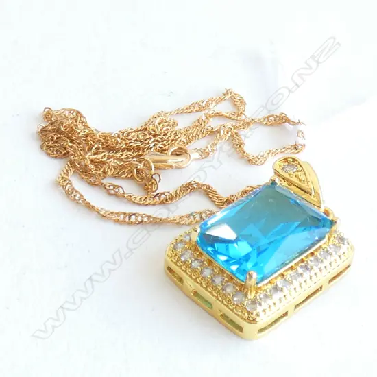 LGE BLUE STONE & CZ PENDANT ON CHAIN