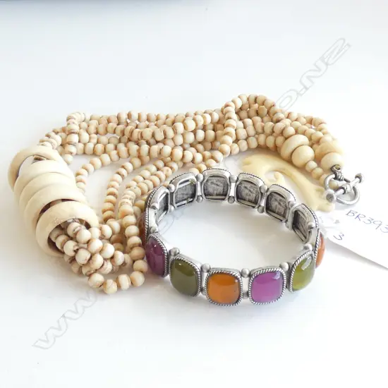 COROZA (IVORY PALM NUT) 4 STRING NECKLACE / FINE BONE HEI MATAU (FISH HOOK) PENDANT & COLOURED GLASS BRACELET