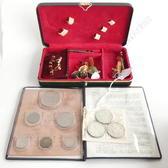 SM BOX CUFFLINKS & TIE PINS (SOME SETS) INCL. AIR NZ + CASED PHILIPPINE 1975 COINS
