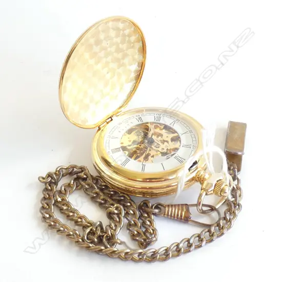 MODERN GOLD PLATE POCKET WATCH & CHAIN - WORKING 
