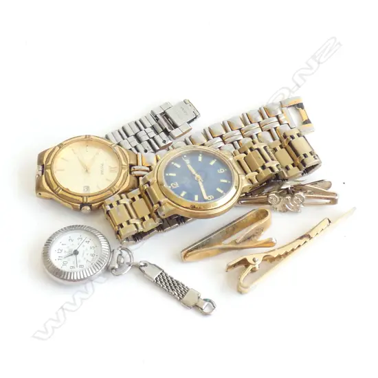 BAG MIXED JEWELLERY; 2 WATCHES; TIE PINS / NURSES WATCH ETC.
