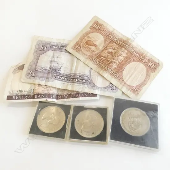 OLD NZ NOTES & COINS. £1 + 10/- + $1 + 3 UNC $1 COINS