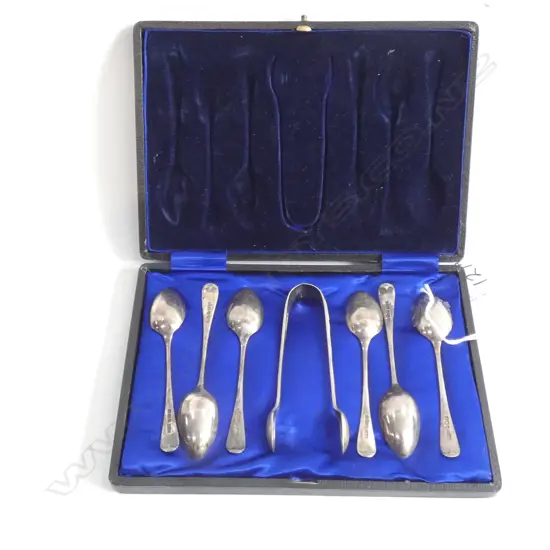 SET OF 6 BOXED EARLY 20TH C. SILVER TEASPOONS & TONGS
