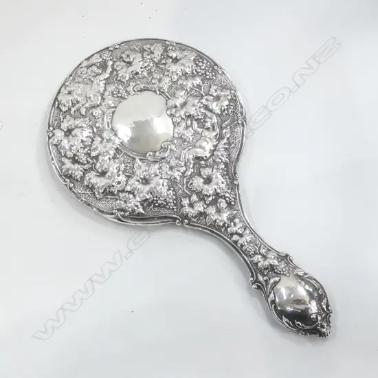 ST. SILVER HAND MIRROR EMBOSSED CHERUBS & GRAPES BIRMINGHAM 1904 L. 280mm