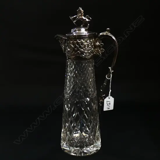 CUT GLASS & EP CLARET JUG - LION & SHIELD ON LID H. 325MM