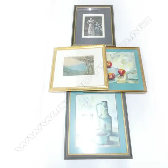 4 ARTWORKS; G. C. LANDSCAPE W/C 1943 GILT FRAME 565x615mm OVERALL, 'CONSULTING HER PROGRAMME' PRINT, 2X STILL LIFES